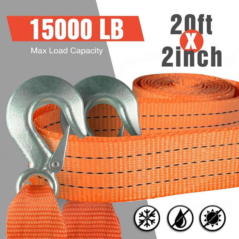 Digank Tow Strap with Hooks 2”x20’ 15,000 LBS, Tow Rope Metal Safety Hooks, Car Heavy Duty Recovery Rope for Trailers, Securing Items, and Farm Cleaning(Orange) - Image 4